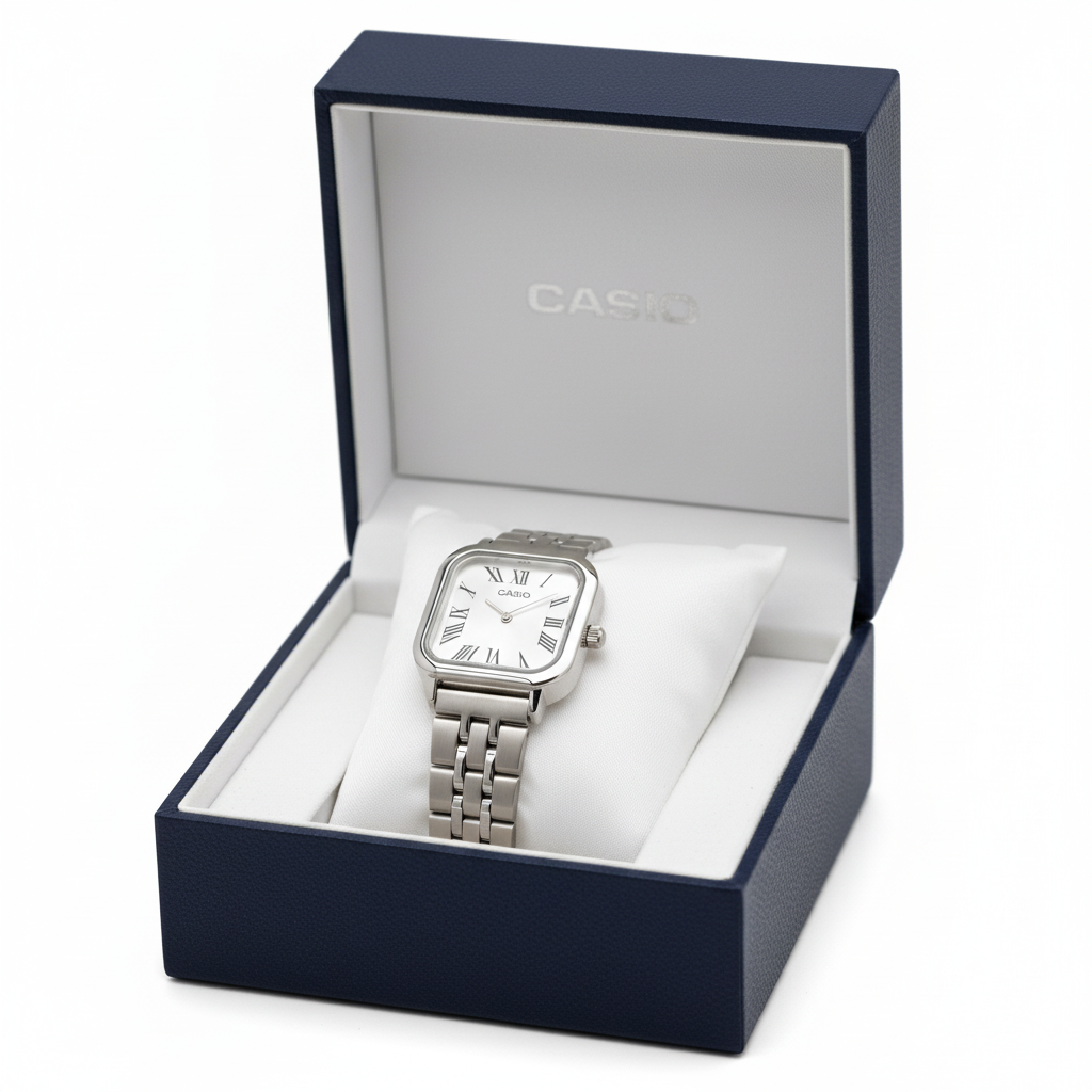 Montre Casio Femme Classique Carrée Aciée Cadran Blanc
